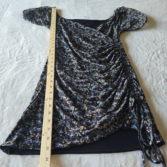Free People Floral Ruched Puff Sleeve Mini Dress Black Blue Boho Romantic M - Picture 8 of 10